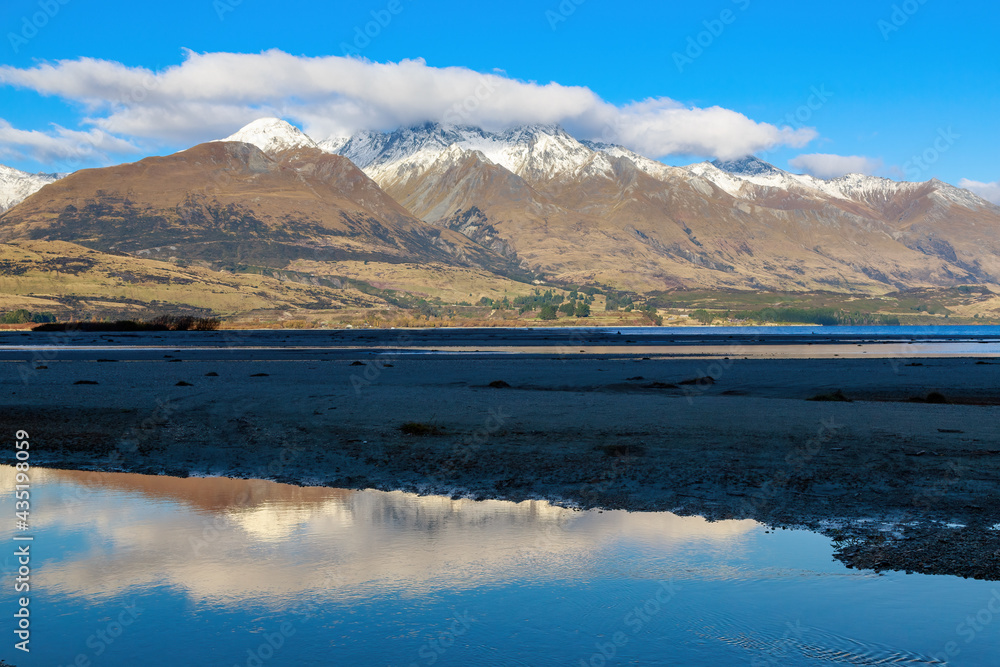 The Dart River in the South Island of New Zealand, and the mountains of the Southern Alps