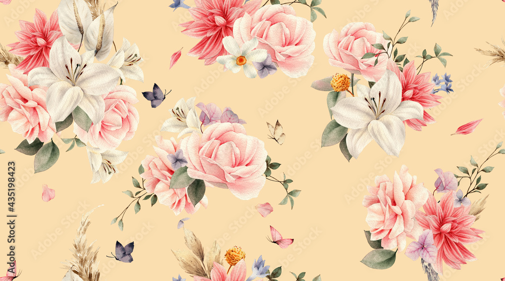 Seamless floral pattern with flowers on summer background, watercolor ...