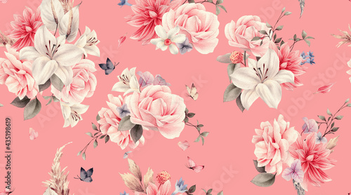 Seamless floral pattern with flowers on summer background, watercolor illustr...