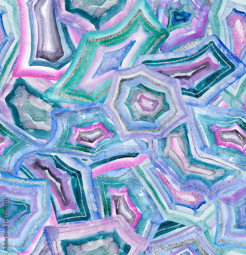 Seamless pattern with agate. Mineral stone watercolor print