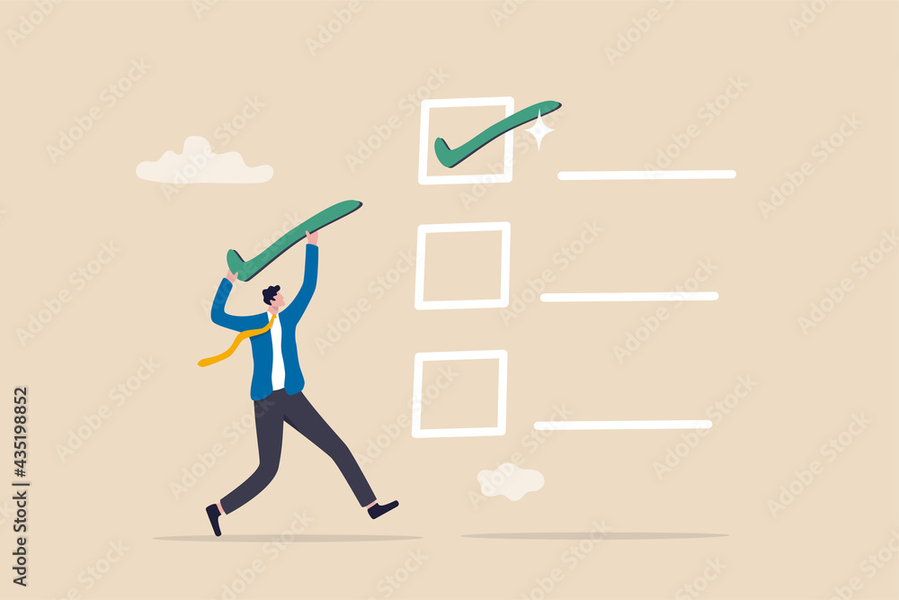 Checklist for completed tasks, project checkbox or achievement list and approval document concept, businessman carrying big tick to put on completed task for project tracking. - obrazy, fototapety, plakaty 