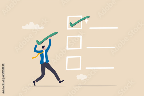 Checklist for completed tasks, project checkbox or achievement list and approval document concept, businessman carrying big tick to put on completed task for project tracking.