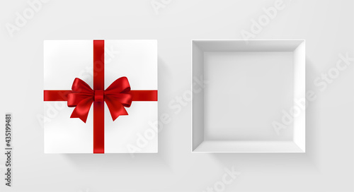 White gift box opened and closed with red satin ribbon and bow. 3D style vector illustration