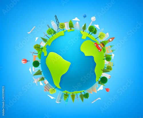 Travel concept vector illustration with the Earth. Cute 3d style illustration