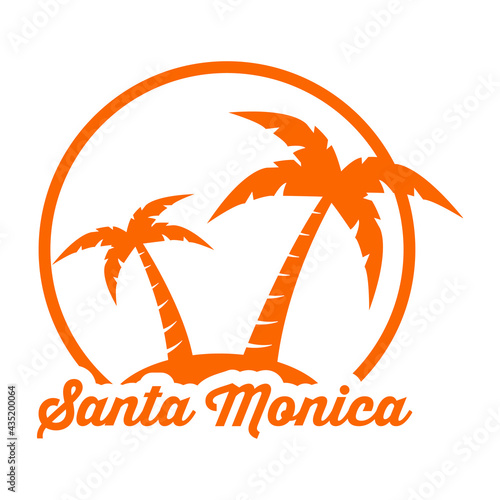 Destino de vacaciones. Logotipo con texto Santa Monica en circulo con palmeras en color naranja