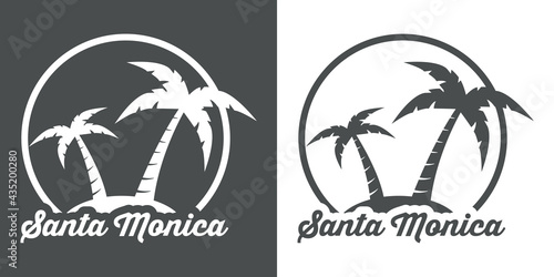 Destino de vacaciones. Logotipo con texto Santa Monica en circulo con palmeras en fondo gris y fondo blanco