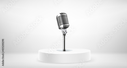 Bright round stage with microphone. Microphone on a podium