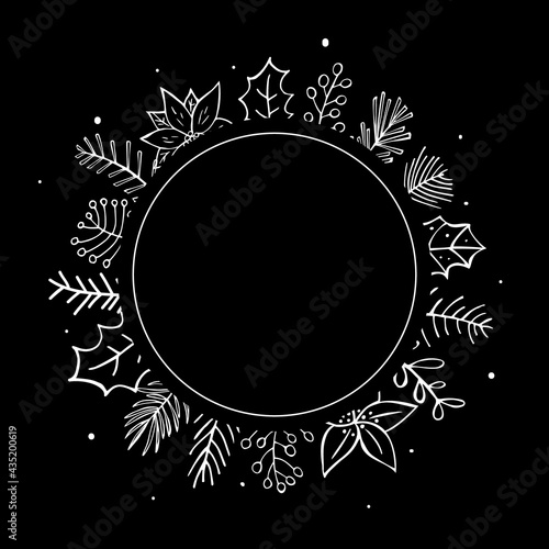 winter foliage plants twigs branches flowers black and white circle round frame template
