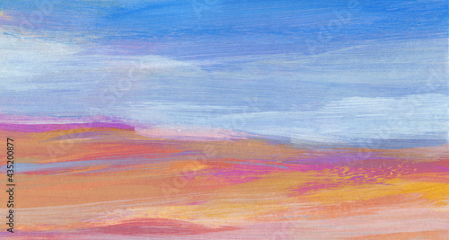 Abstract landscape. Versatile image for creative design projects: posters, banners, cards, websites and wallpapers. Bright colours. Acrylic on paper.