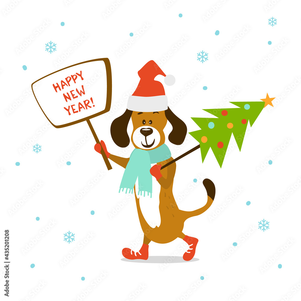 happy new year merry christmas cute cartoon dog with xmas pine tree happy new year merry christmas cute cartoon dog with xmas pine tree