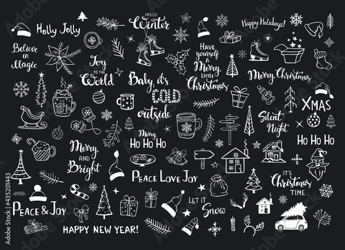 collection of christmas new years decoration items doodles, xmas trees, santa hats, gift box, snowflakes, twigs, branches, house, car, mug, skates and hand lettered quotes