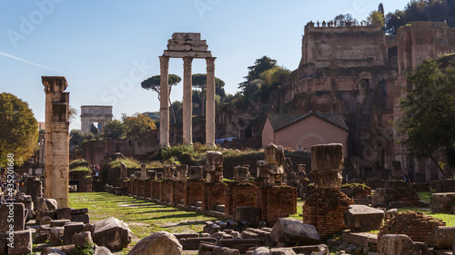 Ruins of the Roman Forum. View the ruins of the ancient city against the background of the colonnade