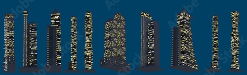 modern fictional architecture at evening with lights on, isolated bottom view downtown life concept - 3d illustration of skyscrapers