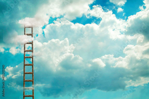 Staircase to the cloudy sky. Growth concept. Success. Achievement of the goal. Copy space. Business. Lifestyle. Abstract background.