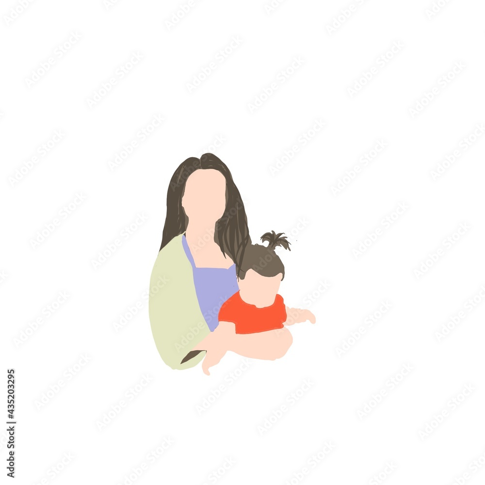 Mother and daughter hugging. Kind young woman calms her little girl. Parent shows love and care. Colorful cartoon characters. 
