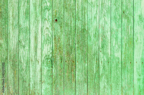 Weathered green fence. Vintage bright green unevenly painted vertical wooden plank wall with painted nails in it. Aged green chipboard barn wall. Retro rough green barrier