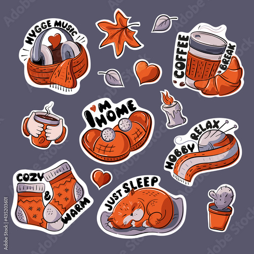 Stickers, theme and style of hygge. A set of cozy pictures. Vector, isolated.