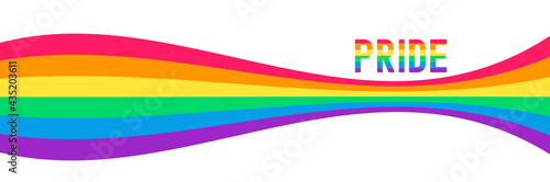 Rainbow flag curves background with pride text.