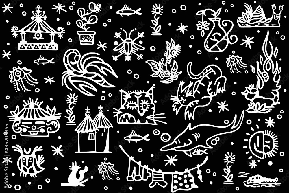 Black and white cartoon pattern on black background, abstract design Black and white cartoon pattern on black background, abstract design