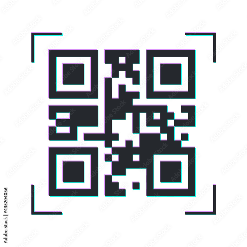 Qr code. Digital scanning label in cyber style. With the glitch effect
