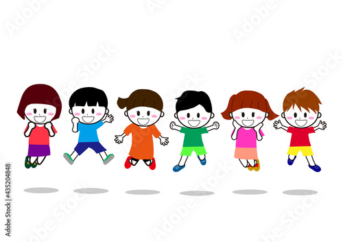 子供6人が一緒に笑顔でジャンプしているイラスト