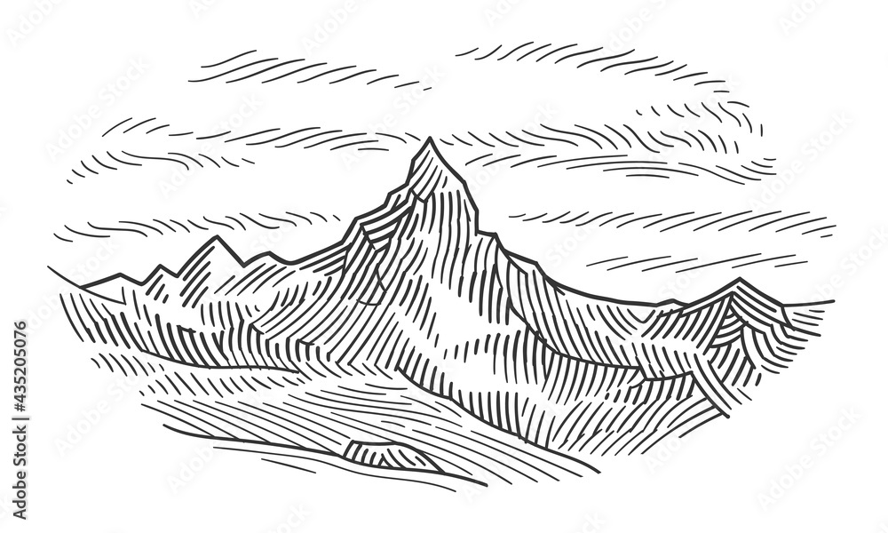 Mountain pick line art drawing. Mountain hand drawn logo. Vector. Stock