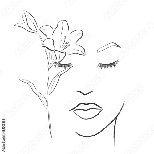 Line art sketch of woman face with flower, vector illustration 