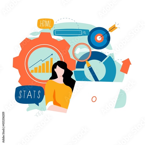 Business statistical data analysis, SEO, project management, market research flat vector illustration design for mobile and web graphics. Financial auditing report concept