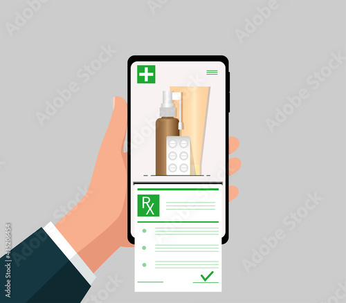 Online treatment recipe concept. Male hand holding smartphone, medications, rx recipe. Vector illustration.