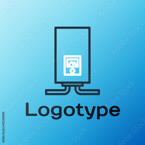 Line Gas boiler with a burning fire icon isolated on blue background. Colorful outline concept. Vector Illustration