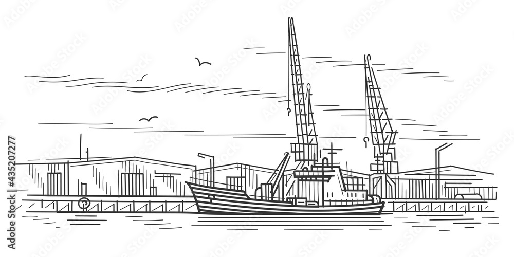 Cargo Ship Port Hand Drawn Sketch Stock Vector (Royalty Free) 352046924 |  Shutterstock