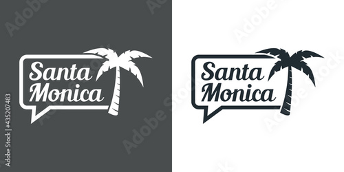 Destino de vacaciones. Logotipo con texto Santa Monica en burbuja de habla con palmera en fondo gris y fondo blanco
