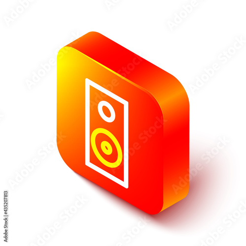 Isometric line Stereo speaker icon isolated on white background. Sound system speakers. Music icon. Musical column speaker bass equipment. Orange square button. Vector Illustration