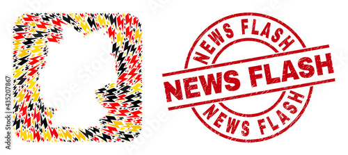 Germany map collage in German flag official colors - red, yellow, black, and distress News Flash red circle seal. News Flash badge uses vector lines and arcs.