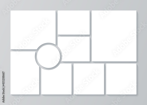 Moodboard template. Photo collage layout. Vector. Picture grid. Mood board background. Mosaic photo frames. Photography album with circle. Horizontal mockup of banner. Simple illustration