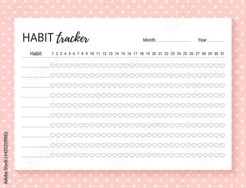 Habit tracker. Daily template habit diary for month. Vector illustration. Journal planner with bullets. Goal list on pink background with hearts. Simple design. Horizontal, landscape orientation, A4.