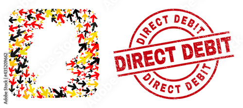 Germany state map mosaic in German flag official colors - red, yellow, black, and distress Direct Debit red circle seal. Direct Debit seal uses vector lines and arcs.