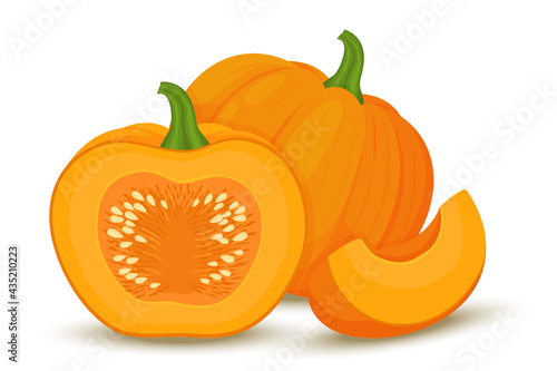 Pumpkin set. Orange pumpkins whole half and a piece with seeds. Autumn harvest. For halloween and thanksgiving day design. Flat vector cartoon elements