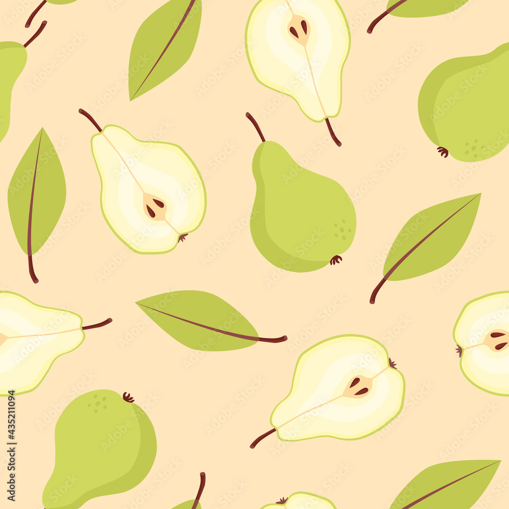 Seamless pattern of hand-drawn pears pattern. Vegan food, fruit background. Colorful background texture for kitchen, wallpaper, textile, fabric. Fruit background. Vector illustration. Seamless pattern of hand-drawn pears pattern. Vegan food, fruit background. Colorful background texture for kitchen, wallpaper, textile, fabric. Fruit background. Vector illustration.