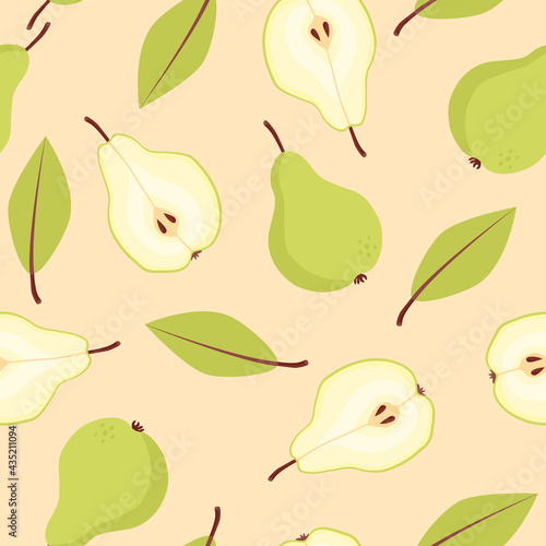 Seamless pattern of hand-drawn pears pattern. Vegan food, fruit background. Colorful background texture for kitchen, wallpaper, textile, fabric. Fruit background. Vector illustration. 