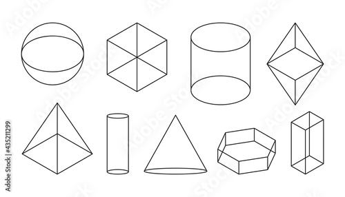 Volumetric basic geometric shapes. Black linear simple 3d figure with invisible shape lines. Isometric views sphere and cube, cylinder and cone and other forms. Isolated on white vector illustration