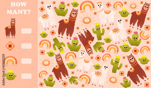 Kids counting game puzzle with alpaca character, cactus and rainbow, indoor activity worksheet for printing