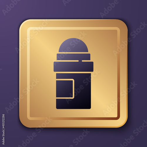 Purple Antiperspirant deodorant roll icon isolated on purple background. Cosmetic for body hygiene. Gold square button. Vector