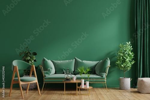 Interior mockup green wall with green sofa and green armchair in living room.