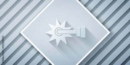 Paper cut Cowboy horse riding spur for boot icon isolated on grey background. Paper art style. Vector
