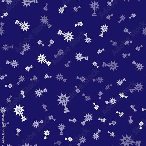 White Cowboy horse riding spur for boot icon isolated seamless pattern on blue background. Vector