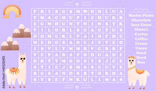 Alpaca theme word search game for kids on violet background with mountains and rainbow, cartoon style