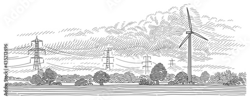 Wind turbine in the field with powerline tower on background line art landscape illustration/sketch. Vector. 