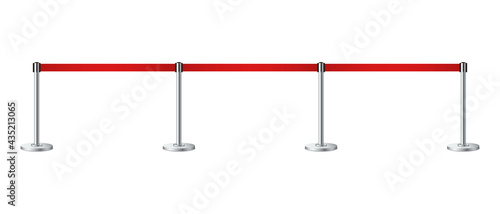 Realistic barrier fence with red tape. Red carpet event entrance gate, VIP zone, exclusive entrance, closed event restriction, museum exhibition concept. Metallic poles. Vector illustration