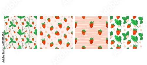 Strawberry seamless pattern set. Hand drawn forest or garden berry. Whole juicy berries, bush with green leaves doodle summer collection. Decor textile, wrapping paper wallpaper vector print or fabric